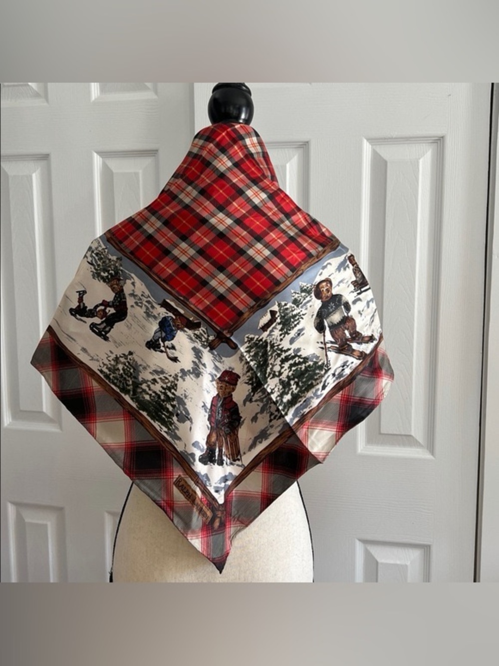 Rare Vintage 90’s Plaid Ski Bear Print Silk Scarf - Red, Cream, Green